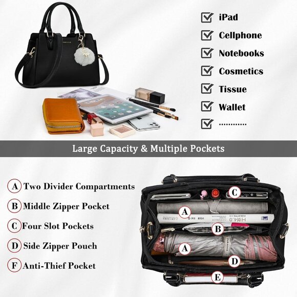 Womens Black PU leather Top-Handle Waterproof Anti Theft Leather Purses Handbag - Picture 2 of 7